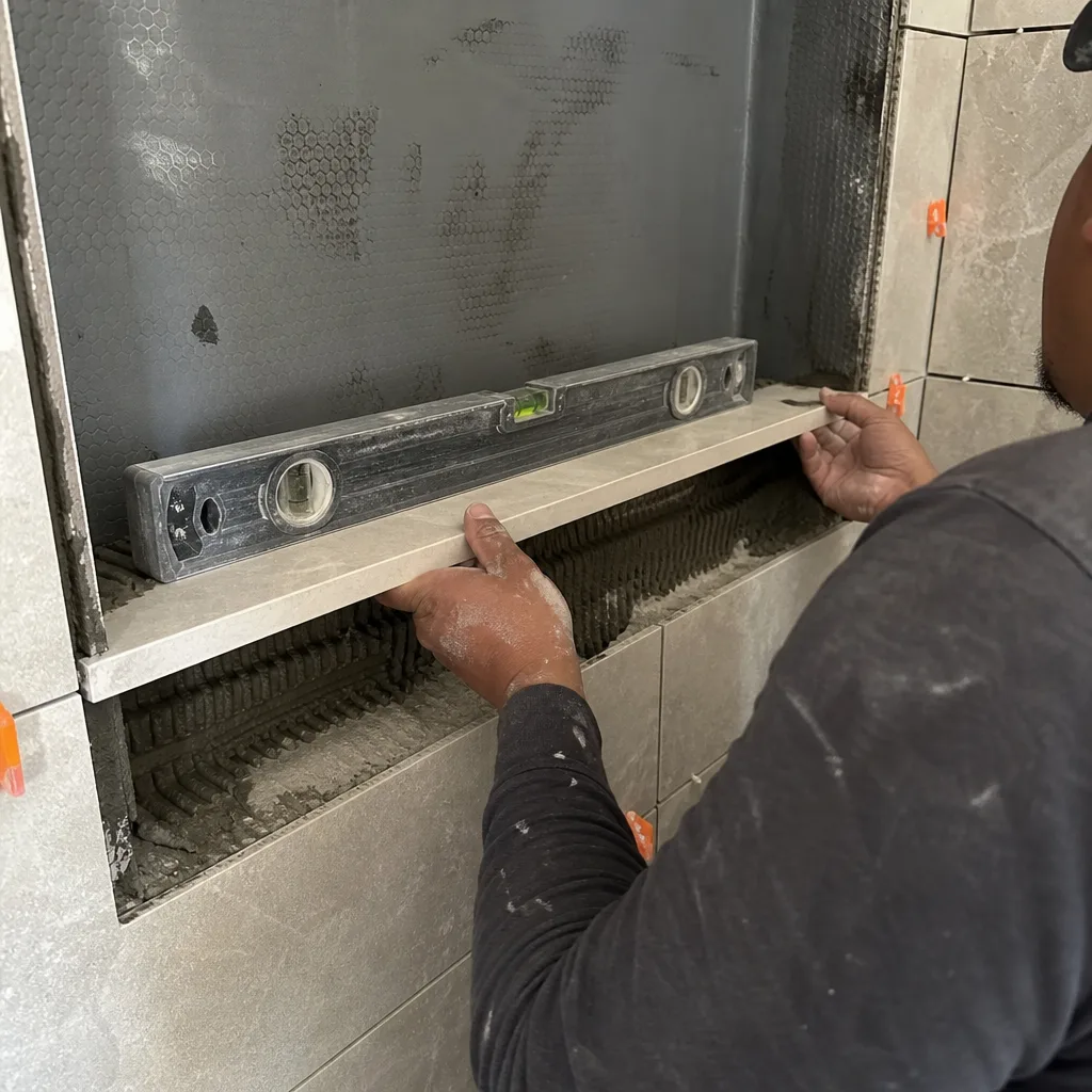 Professional tiling contractor installing bathroom shower wall tiles