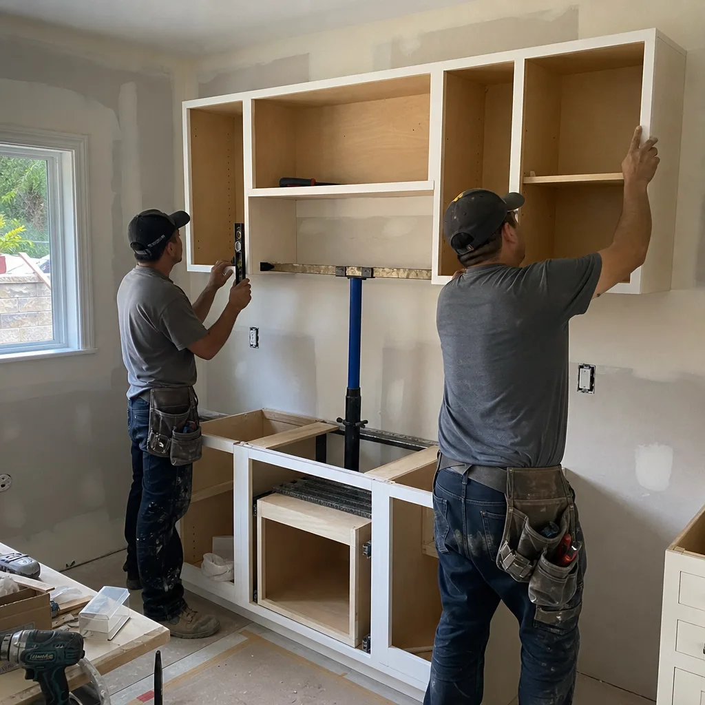 Two contractors installing custom kitchen cabinets during a home renovation.