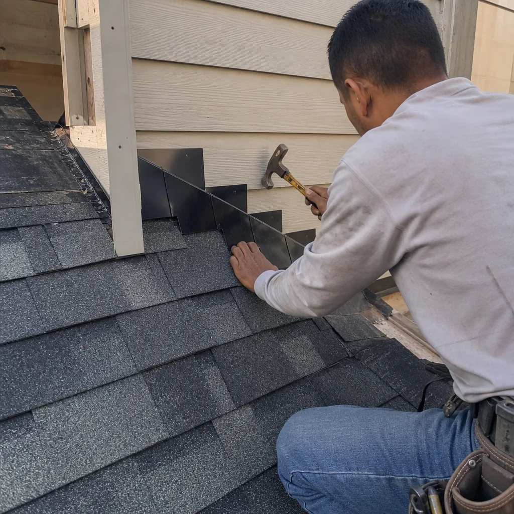 Construction professional installing metal roof flashing on a residential home