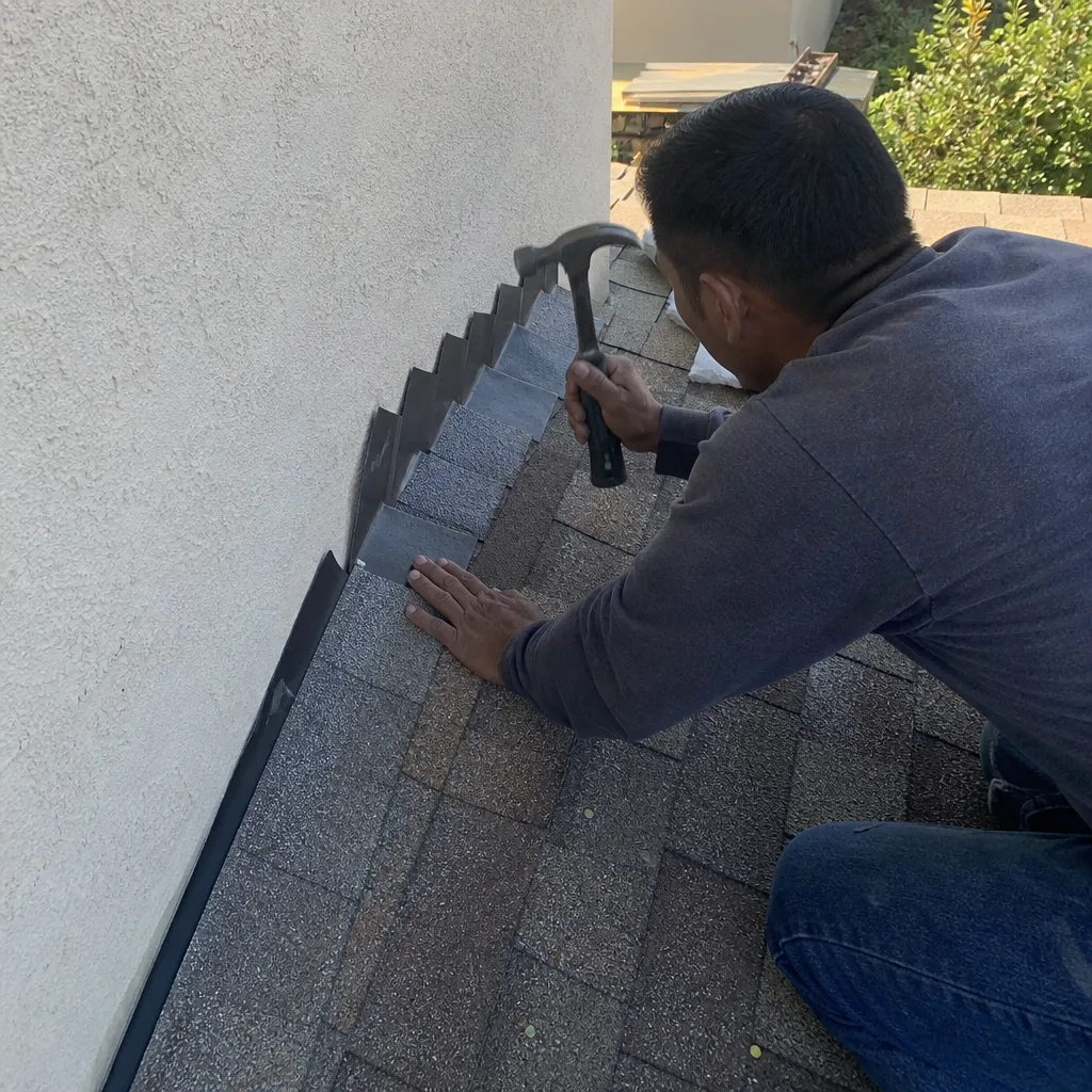 Professional roofer installing step flashing on an asphalt shingle roof.