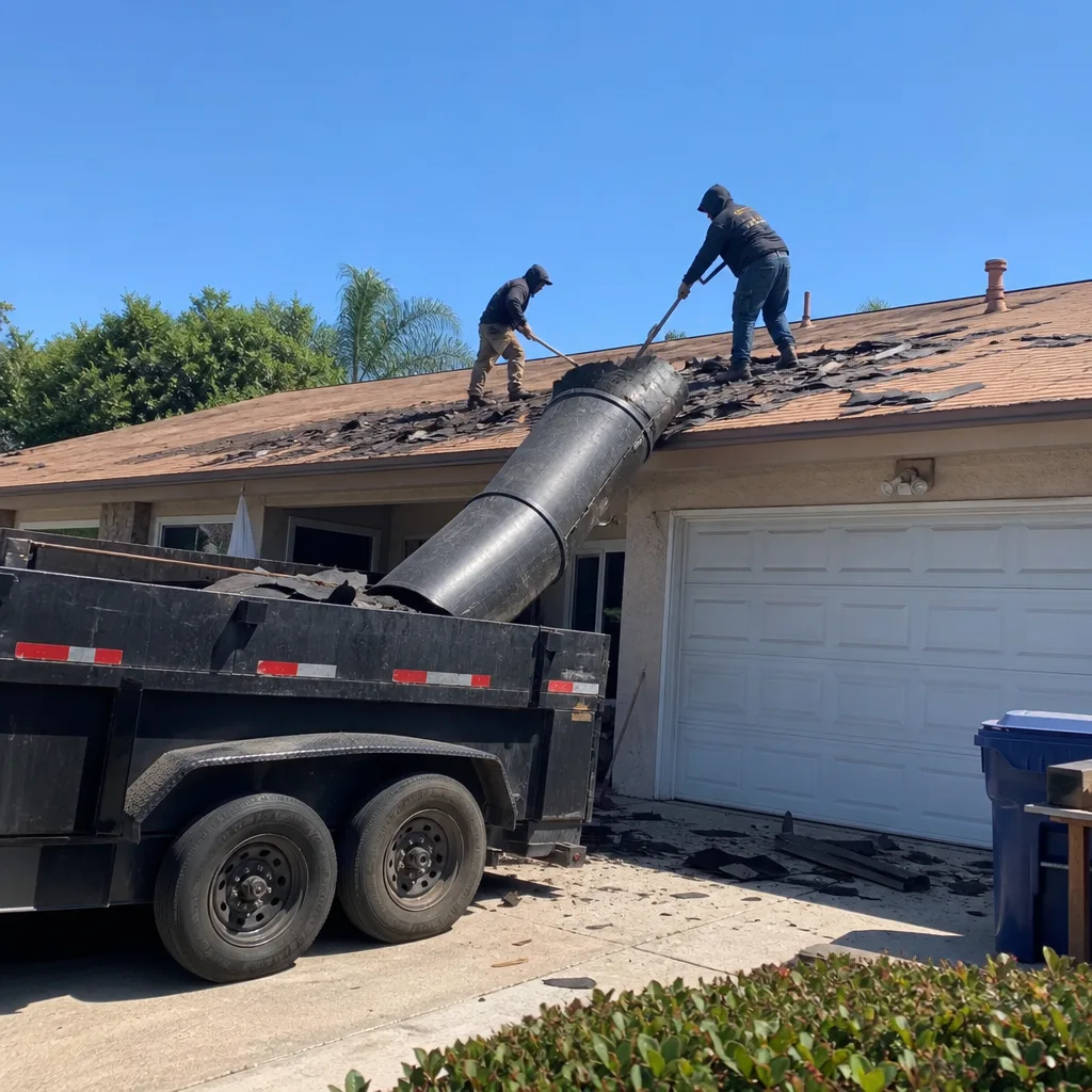 Two professional roofers removing old asphalt shingles with a roof chute
