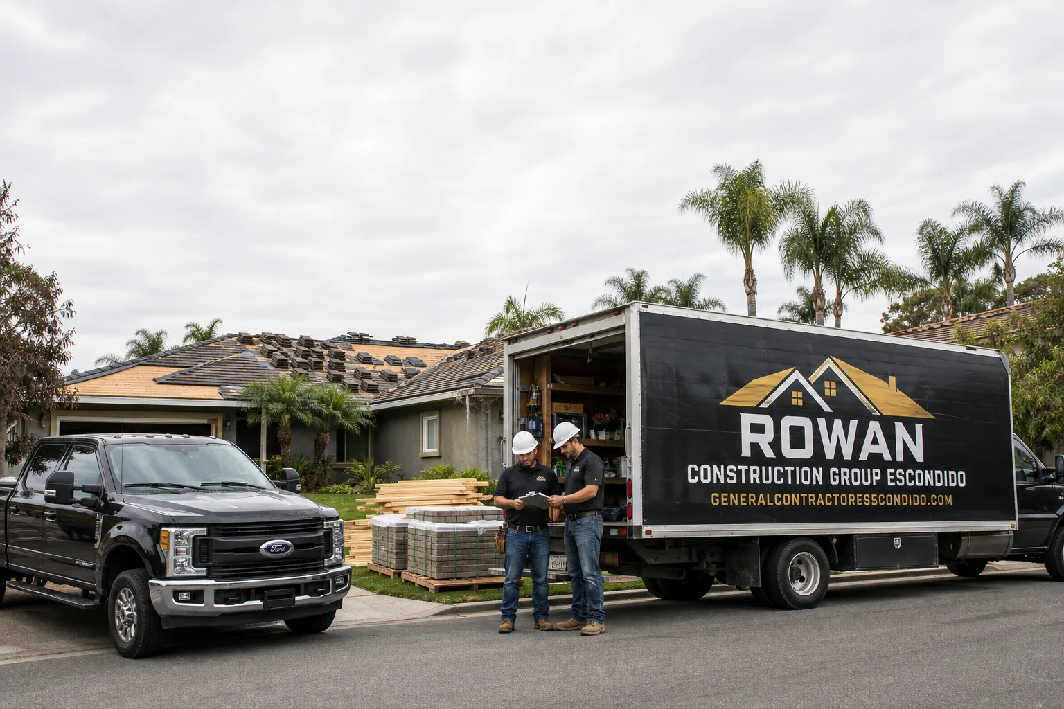 Rowan Construction Group Escondido construction service vehicle and crew in Escondido, CA